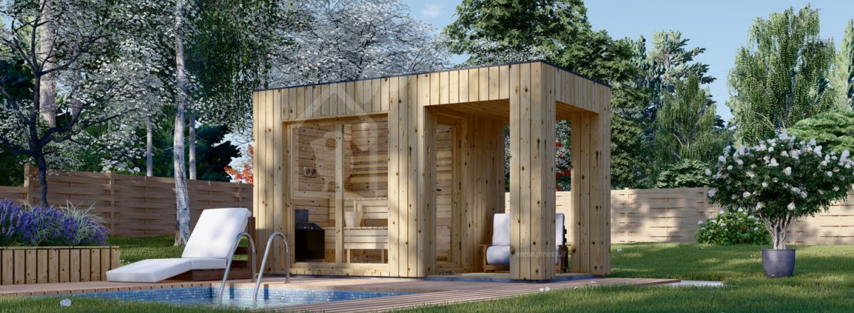 Sauna da esterno DELLA (34 mm + rivestimento), 2,6 x 2,1 m, 3,8 m²,  terrazza di 3 m²