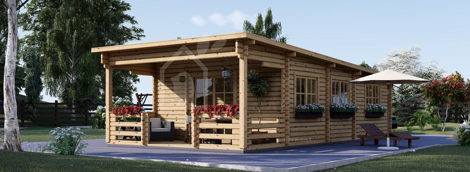 Casa in legno a tetto piatto con porticato HYMER (44+44 mm), 42 m² + 10 m² visualization 1