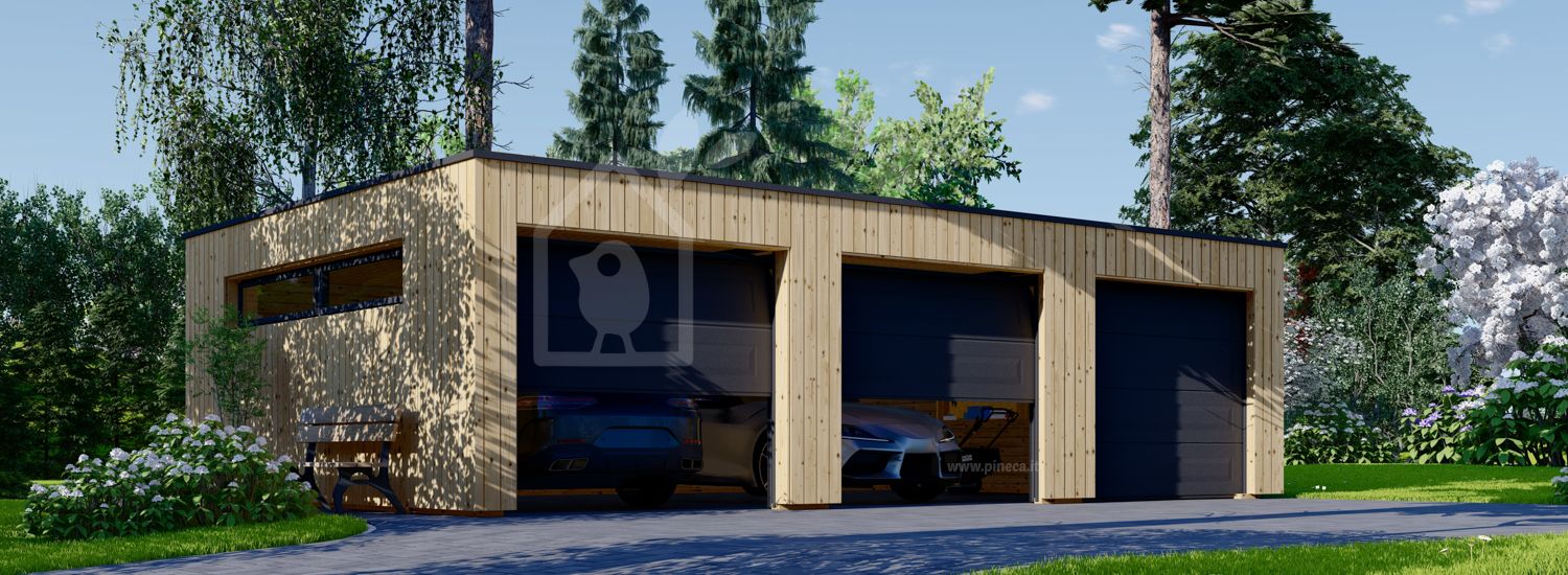 Garage in legno triplo con tetto piano SILVIA TRIO F (34 mm +  rivestimento), 9x6 m, 54 m²